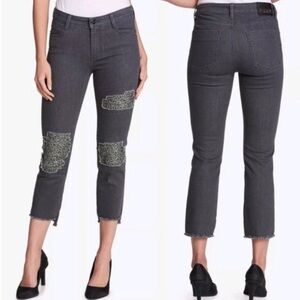 DKNY Womens Sequin Crop Frayed Skinny Ripped jean